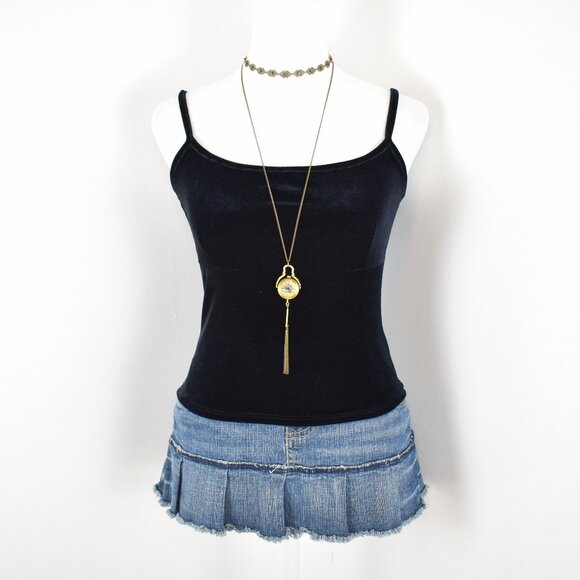 Vintage Late 90s Y2K Black Velvet Cropped Babydoll Cami Top Size Junior's Large - Picture 1 of 5